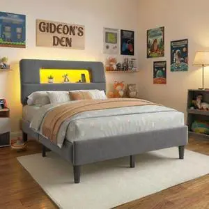 Homkdom Full Bed Frame with Ergonomic Storage Headboard, Upholstered Bed Frame with LED Lights & Charging Station, Unique Open-Design, NO Noise, Easy Assembly, No Box Spring Needed,Grey Homkdom Full Bed Frame with Ergonomic Storage Headboard, Upholstered Bed Frame with LED Lights & Charging Station, Unique Open-Design, NO Noise, Easy Assembly, No Box Spring Needed,Grey