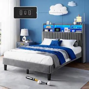 Homkdom Full Size Bed Frame, Vertical Channel Tufted Headboard with Storage Shelves, Velvet Bed Frame with Charging Station and LED Lights, Wooden Slats, Noise Free, Grey Homkdom Full Size Bed Frame, Vertical Channel Tufted Headboard with Storage Shelves, Velvet Bed Frame with Charging Station and LED Lights, Wooden Slats, Noise Free, Grey