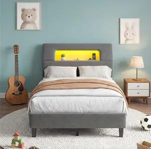 Homkdom Twin Bed with Ergonomic Storage Headboard, Upholstered Bed Frame with LED Lights & Charging Station, Unique Open-Design,NO Noise, Easy Assembly, No Box Spring Needed,Grey Homkdom Twin Bed with Ergonomic Storage Headboard, Upholstered Bed Frame with LED Lights & Charging Station, Unique Open-Design,NO Noise, Easy Assembly, No Box Spring Needed,Grey