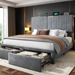 Homkdom Queen Bed Frame with Velvet Storage Headboard, 2 Large Drawers & 3 Charging Ports, 51.3" Tall Platform Bed Frame Queen Size, Sturdy Wood Slats, No Box Spring Needed, Grey Homkdom Queen Bed Frame with Velvet Storage Headboard, 2 Large Drawers & 3 Charging Ports, 51.3" Tall Platform Bed Frame Queen Size, Sturdy Wood Slats, No Box Spring Needed, Grey
