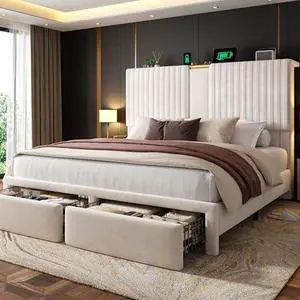 Homkdom Queen Bed Frame with 2 Drawers and 51.3''Tall Headboard, Velvet Platform Storage Bedframe with 3 Charging Ports, Wooden Slats Support, No Box Spring Needed, Beige Homkdom Queen Bed Frame with 2 Drawers and 51.3''Tall Headboard, Velvet Platform Storage Bedframe with 3 Charging Ports, Wooden Slats Support, No Box Spring Needed, Beige
