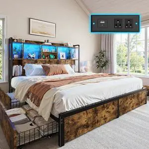 Homkdom Queen Bed Frame with Storage Headboard & 4 Large Drawers Bed Frame Queen Size with 51" Tall Headboard 9 Compartments Led Lights & Charging Station,No Box Spring Needed, No Noise,Vintage Brown Homkdom Queen Bed Frame with Storage Headboard & 4 Large Drawers Bed Frame Queen Size with 51" Tall Headboard 9 Compartments Led Lights & Charging Station,No Box Spring Needed, No Noise,Vintage Brown