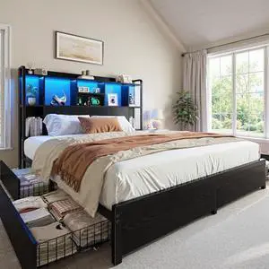 Homkdom Full Size Bed Frame with Storage Headboard & 4 Large Drawers Bed Frame Full Size with 51" Tall Headboard 9 Compartments Led Lights & Charging Station,No Box Spring Needed, No Noise,Black Homkdom Full Size Bed Frame with Storage Headboard & 4 Large Drawers Bed Frame Full Size with 51" Tall Headboard 9 Compartments Led Lights & Charging Station,No Box Spring Needed, No Noise,Black