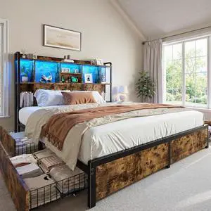 Full Size Bed Frame with Storage Headboard & 4 Large Drawers Bed Frame Full Size with 51" Tall Headboard 9 Compartments Led Lights & Charging Station,No Box Spring Needed, No Noise,Vintage Brown Full Size Bed Frame with Storage Headboard & 4 Large Drawers Bed Frame Full Size with 51" Tall Headboard 9 Compartments Led Lights & Charging Station,No Box Spring Needed, No Noise,Vintage Brown