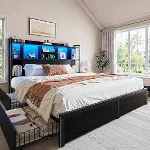 Homkdom Queen Bed Frame with Storage Headboard & 4 Large Drawers Bed Frame Queen Size with 51" Tall Headboard 9 Compartments Led Lights & Charging Station,No Box Spring Needed, No Noise,Black Homkdom Queen Bed Frame with Storage Headboard & 4 Large Drawers Bed Frame Queen Size with 51" Tall Headboard 9 Compartments Led Lights & Charging Station,No Box Spring Needed, No Noise,Black
