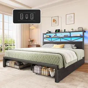 Homkdom Queen Bed Frame with Large 4 Drawers & 2-Tier Shelf,Queen Bed Frame with Headboard with Charging Station,LED Light,Heavy Duty Support,Easy Assembly,Black (880 lbs Capacity) Homkdom Queen Bed Frame with Large 4 Drawers & 2-Tier Shelf,Queen Bed Frame with Headboard with Charging Station,LED Light,Heavy Duty Support,Easy Assembly,Black (880 lbs Capacity)