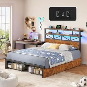 Homkdom Full Size Bed Frame with Large 4 Drawers & 2-Tier Shelf,Full Size Bed Frame with Headboard with Charging Station,LED Light,Heavy Duty Support,Easy Assembly,Vintage Brown (880 lbs Capacity) Homkdom Full Size Bed Frame with Large 4 Drawers & 2-Tier Shelf,Full Size Bed Frame with Headboard with Charging Station,LED Light,Heavy Duty Support,Easy Assembly,Vintage Brown (880 lbs Capacity)
