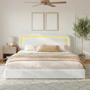 Homkdom Upholstered Bed Frame Queen Size with Led Lights,Soft Bed Frame Queen with Headboard,Boucle Queen Platform Bed Frame,Anti-Collision Round Corners,No Box Spring Needed,Modern,Cream White Homkdom Upholstered Bed Frame Queen Size with Led Lights,Soft Bed Frame Queen with Headboard,Boucle Queen Platform Bed Frame,Anti-Collision Round Corners,No Box Spring Needed,Modern,Cream White