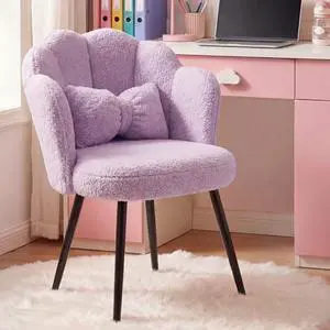 Homkdom Vanity Chair with Petal Backrest, Teddy Fleece Accent Chair with Bow-Tie Pillow, Matte Black Metal Legs & Adjustable Feet, Comfy Desk Chair for Living Room, Make Up Room, Bedroom, Lavender Homkdom Vanity Chair with Petal Backrest, Teddy Fleece Accent Chair with Bow-Tie Pillow, Matte Black Metal Legs & Adjustable Feet, Comfy Desk Chair for Living Room, Make Up Room, Bedroom, Lavender