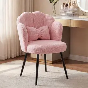 Homkdom Petal Vanity Chair, Comfy Desk Chair with Bow-Tie Pillow, Matte Black Metal Legs & Adjustable Feet, Teddy Fleece Accent Chair for Living Room, Make Up Room, Bedroom, Blush Pink Homkdom Petal Vanity Chair, Comfy Desk Chair with Bow-Tie Pillow, Matte Black Metal Legs & Adjustable Feet, Teddy Fleece Accent Chair for Living Room, Make Up Room, Bedroom, Blush Pink