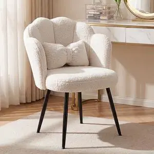 Homkdom Vanity Chair with Petal Backrest, Teddy Fleece Accent Chair with Bow-Tie Pillow, Matte Black Metal Legs & Adjustable Feet, Comfy Desk Chair for Living Room, Make Up Room, Bedroom, Cream White Homkdom Vanity Chair with Petal Backrest, Teddy Fleece Accent Chair with Bow-Tie Pillow, Matte Black Metal Legs & Adjustable Feet, Comfy Desk Chair for Living Room, Make Up Room, Bedroom, Cream White