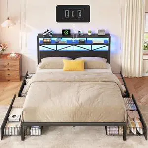 Homkdom Full Size Bed Frame with Large 4 Drawers & 2-Tier Shelf,Full Size Bed Frame with Headboard with Charging Station,LED Light,Heavy Duty Support,Easy Assembly,Black (880 lbs Capacity) Homkdom Full Size Bed Frame with Large 4 Drawers & 2-Tier Shelf,Full Size Bed Frame with Headboard with Charging Station,LED Light,Heavy Duty Support,Easy Assembly,Black (880 lbs Capacity)