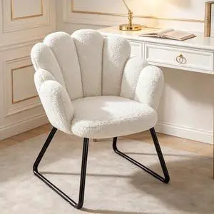 Homkdom Vanity Chair with Petal Back, Accent Chair with Black Sled Base, Cute Desk Chair for Bedroom, Living Room, Makeup Room, No Wheels, White Homkdom Vanity Chair with Petal Back, Accent Chair with Black Sled Base, Cute Desk Chair for Bedroom, Living Room, Makeup Room, No Wheels, White