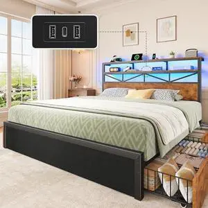 Homkdom Queen Bed Frame with Large 4 Drawers & 2-Tier Shelf,Queen Bed Frame with Headboard with Charging Station,LED Light,Heavy Duty Support,Easy Assembly,Vintage Brown(880 lbs Capacity) Homkdom Queen Bed Frame with Large 4 Drawers & 2-Tier Shelf,Queen Bed Frame with Headboard with Charging Station,LED Light,Heavy Duty Support,Easy Assembly,Vintage Brown(880 lbs Capacity)