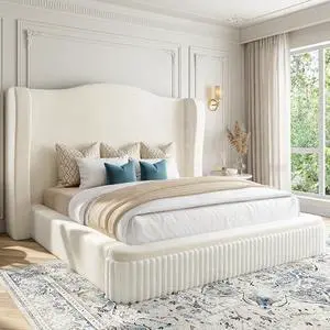 Homkdom Cloud Bed Frame Queen Size, Upholstered Platform Bed with Extra High Wingback Headboard, Shimmering Fabric & Thick Corduroy Design for Stability, No Box Spring Needed, Easy Assembly, White Homkdom Cloud Bed Frame Queen Size, Upholstered Platform Bed with Extra High Wingback Headboard, Shimmering Fabric & Thick Corduroy Design for Stability, No Box Spring Needed, Easy Assembly, White