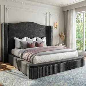 Homkdom Cloud Bed Frame Queen Size, Upholstered Platform Bed with Extra High Wingback Headboard, Shimmering Fabric & Thick Corduroy Design for Stability, No Box Spring Needed, Easy Assembly, Black Homkdom Cloud Bed Frame Queen Size, Upholstered Platform Bed with Extra High Wingback Headboard, Shimmering Fabric & Thick Corduroy Design for Stability, No Box Spring Needed, Easy Assembly, Black