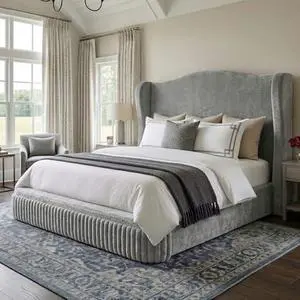 Homkdom Cloud Bed Frame Queen Size, Upholstered Platform Bed with Extra High Wingback Headboard, Shimmering Fabric & Thick Corduroy Design for Stability, No Box Spring Needed, Easy Assembly, Grey Homkdom Cloud Bed Frame Queen Size, Upholstered Platform Bed with Extra High Wingback Headboard, Shimmering Fabric & Thick Corduroy Design for Stability, No Box Spring Needed, Easy Assembly, Grey