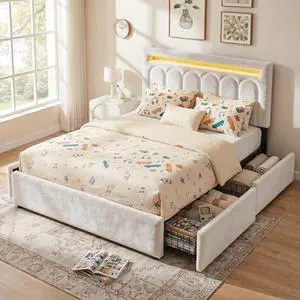 Homkdom Velvet Upholstered Full Size Bed Frame with 4 Storage Drawers, Vertical Arched LED Headboard, Sturdy Wood Slats Support, No Box Spring Needed, Beige Homkdom Velvet Upholstered Full Size Bed Frame with 4 Storage Drawers, Vertical Arched LED Headboard, Sturdy Wood Slats Support, No Box Spring Needed, Beige