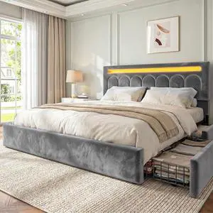 Homkdom Velvet Upholstered King Size Bed Frame with 4 Storage Drawers, Vertical Arched LED Headboard, Sturdy Wood Slats Support, No Box Spring Needed, Grey Homkdom Velvet Upholstered King Size Bed Frame with 4 Storage Drawers, Vertical Arched LED Headboard, Sturdy Wood Slats Support, No Box Spring Needed, Grey