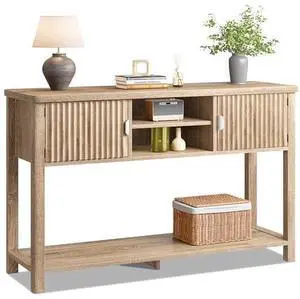 Console Table Fluted with 8 Storage Shelves & 2 Doors, Modern Entryway Table Behind Couch with Open Storage Shelf, Entry Table for Hallways,Entryway, Living Room,Wooden, Oak Console Table Fluted with 8 Storage Shelves & 2 Doors, Modern Entryway Table Behind Couch with Open Storage Shelf, Entry Table for Hallways,Entryway, Living Room,Wooden, Oak