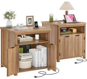 Homkdom Fluted Nightstands Set of 2 with Charging Stations, 23.6" Wide Walnut Nightstand with Storage Drawers, Side Tables, Modern Farmhouse End Tables for Bedroom, Walnut Brown Homkdom Fluted Nightstands Set of 2 with Charging Stations, 23.6" Wide Walnut Nightstand with Storage Drawers, Side Tables, Modern Farmhouse End Tables for Bedroom, Walnut Brown