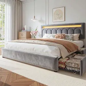 Homkdom Velvet Upholstered King Size Bed Frame with 4 Storage Drawers, Vertical Arched LED Headboard, Sturdy Wood Slats Support, No Box Spring Needed, Grey Homkdom Velvet Upholstered King Size Bed Frame with 4 Storage Drawers, Vertical Arched LED Headboard, Sturdy Wood Slats Support, No Box Spring Needed, Grey
