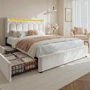 Homkdom Velvet Upholstered Full Size Bed Frame with 4 Storage Drawers, Vertical Arched LED Headboard, Sturdy Wood Slats Support, No Box Spring Needed, Beige Homkdom Velvet Upholstered Full Size Bed Frame with 4 Storage Drawers, Vertical Arched LED Headboard, Sturdy Wood Slats Support, No Box Spring Needed, Beige