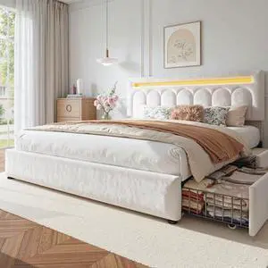 Homkdom King Size Bed Frame with 4 Storage Drawers, Upholstered King Bed Frame with Vertical Arched LED Headboard, Sturdy Wood Slats Support, No Box Spring Needed, Beige Homkdom King Size Bed Frame with 4 Storage Drawers, Upholstered King Bed Frame with Vertical Arched LED Headboard, Sturdy Wood Slats Support, No Box Spring Needed, Beige