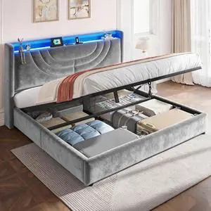 Homkdom Queen Bed Frame with Storage, Modern Lift Up Velvet Upholstered Bed Frame with Charging Station & LED Lights, Hydraulic Support, No Box Spring Needed, Dorm, Apartment, Bedroom, Grey Homkdom Queen Bed Frame with Storage, Modern Lift Up Velvet Upholstered Bed Frame with Charging Station & LED Lights, Hydraulic Support, No Box Spring Needed, Dorm, Apartment, Bedroom, Grey