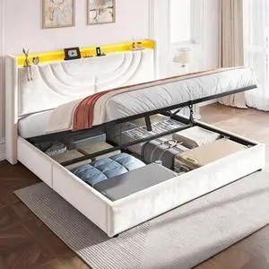 Homkdom Queen Bed Frame with Storage, Modern Lift Up Velvet Upholstered Bed Frame with Charging Station & LED Lights, Hydraulic Support, No Box Spring Needed, Dorm, Apartment, Bedroom, Beige Homkdom Queen Bed Frame with Storage, Modern Lift Up Velvet Upholstered Bed Frame with Charging Station & LED Lights, Hydraulic Support, No Box Spring Needed, Dorm, Apartment, Bedroom, Beige