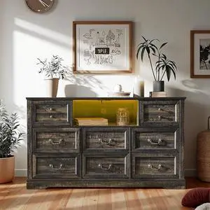 Homkdom Dresser for Bedroom with Charging Station & Led Lights,55.02" TV Stand with 8 Drawers,Dressers & Chests of Drawers with Open Shelves,Hallway,55.02" W x 34.53" H x 15.77" D Rustic Oak Homkdom Dresser for Bedroom with Charging Station & Led Lights,55.02" TV Stand with 8 Drawers,Dressers & Chests of Drawers with Open Shelves,Hallway,55.02" W x 34.53" H x 15.77" D Rustic Oak