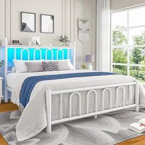 Homkdom Full Size Bed Frame with Storage Headboard, Victorian Metal Bed Frame with LED Lights&Under Bed Storage, Heavy Duty Support, No Box Spring Needed, Easy Assembly, White Homkdom Full Size Bed Frame with Storage Headboard, Victorian Metal Bed Frame with LED Lights&Under Bed Storage, Heavy Duty Support, No Box Spring Needed, Easy Assembly, White
