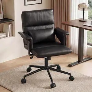 Homkdom Ergonomic Mid Back PU Leather Office Chair, 95°120° Rocking Desk Chair with Removable Lumbar Pillow, Padded Armrests, 360° Silent Casters, Metal Frame Support (Black Homkdom Ergonomic Mid Back PU Leather Office Chair, 95°120° Rocking Desk Chair with Removable Lumbar Pillow, Padded Armrests, 360° Silent Casters, Metal Frame Support (Black
