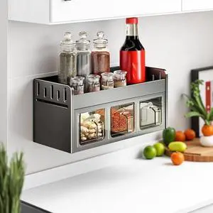 Homkdom 3 Grid Wall-Mounted Spice Organizer Set, Durable Aluminum Spice Rack with No-Drill Installation for Kitchen And Dining Homkdom 3 Grid Wall-Mounted Spice Organizer Set, Durable Aluminum Spice Rack with No-Drill Installation for Kitchen And Dining