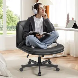 FelixKing Criss Cross Chair with Wheels, Cross Legged Office Chair, Armless Wide Vanity Desk Chair with Comfty PU Leather & Back - Swivel Height Ajustable for Home Office Bedroom, Black FelixKing Criss Cross Chair with Wheels, Cross Legged Office Chair, Armless Wide Vanity Desk Chair with Comfty PU Leather & Back - Swivel Height Ajustable for Home Office Bedroom, Black