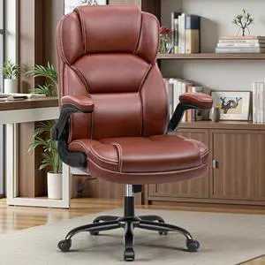 PU Leather Executive Office Chair, Ergonomic High-Back Computer & Gaming Chair with Adjustable Height, Rolling Swivel & Flip-Up Armrests, Comfy Padded Seat for Home Office-Brown PU Leather Executive Office Chair, Ergonomic High-Back Computer & Gaming Chair with Adjustable Height, Rolling Swivel & Flip-Up Armrests, Comfy Padded Seat for Home Office-Brown