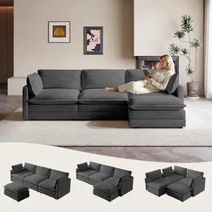 ROWHY 104'' Modular Sectional Cloud Couch with Movable Ottoman, 4 Seat Modern Corduroy Sofa, Deep Seat L Shaped Couch for Living Room Bedroom Apartment, Dark Grey ROWHY 104'' Modular Sectional Cloud Couch with Movable Ottoman, 4 Seat Modern Corduroy Sofa, Deep Seat L Shaped Couch for Living Room Bedroom Apartment, Dark Grey