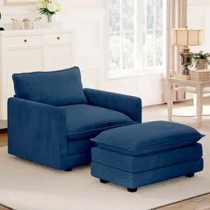 ROWHY Single Armchair with Ottoman, Modern Corduroy Cloud Couch with Convertible Chaise, Upholstered Sofa Set for Living Room and Office, Blue ROWHY Single Armchair with Ottoman, Modern Corduroy Cloud Couch with Convertible Chaise, Upholstered Sofa Set for Living Room and Office, Blue