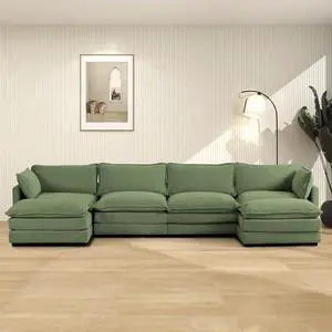 ROWHY 148'' Sectional Cloud Couch with 2 Ottomans, Oversized 4 Seat Sleeper Sofa with 2 Throw Pillows, Convertible Upholstered U Shaped Cozy Sofa Furniture Set for Living Room and Office, Green ROWHY 148'' Sectional Cloud Couch with 2 Ottomans, Oversized 4 Seat Sleeper Sofa with 2 Throw Pillows, Convertible Upholstered U Shaped Cozy Sofa Furniture Set for Living Room and Office, Green