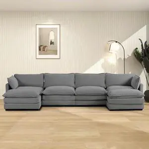 ROWHY 148'' Sectional Cloud Couch with 2 Ottomans, Oversized 4 Seat Sleeper Sofa with 2 Throw Pillows, Convertible Upholstered U Shaped Cozy Sofa Furniture Set for Living Room and Office, Dark Grey ROWHY 148'' Sectional Cloud Couch with 2 Ottomans, Oversized 4 Seat Sleeper Sofa with 2 Throw Pillows, Convertible Upholstered U Shaped Cozy Sofa Furniture Set for Living Room and Office, Dark Grey