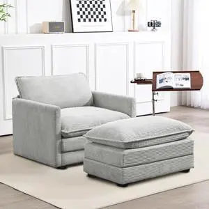 ROWHY Single Armchair with Ottoman, Modern Corduroy Cloud Couch with Convertible Chaise, Upholstered Sofa Set for Living Room, Light Grey ROWHY Single Armchair with Ottoman, Modern Corduroy Cloud Couch with Convertible Chaise, Upholstered Sofa Set for Living Room, Light Grey