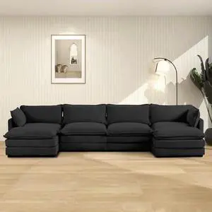 ROWHY 148'' Sectional Cloud Couch with 2 Ottomans, Oversized 4 Seat Sleeper Sofa with 2 Throw Pillows, Convertible Upholstered U Shaped Cozy Sofa Furniture Set for Living Room and Office, Black ROWHY 148'' Sectional Cloud Couch with 2 Ottomans, Oversized 4 Seat Sleeper Sofa with 2 Throw Pillows, Convertible Upholstered U Shaped Cozy Sofa Furniture Set for Living Room and Office, Black