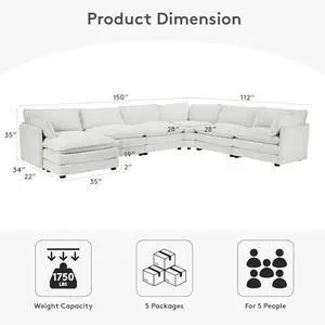 ROWHY 150'' Modular Sectional Corner Cloud Couch, 7 Seater Sofa Big Comfy Corduroy V Shaped Couch with 4 Throw Pillows, Movable Ottoman, Couches for Living Room Office Light Grey ROWHY 150'' Modular Sectional Corner Cloud Couch, 7 Seater Sofa Big Comfy Corduroy V Shaped Couch with 4 Throw Pillows, Movable Ottoman, Couches for Living Room Office Light Grey
