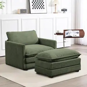 ROWHY Single Armchair with Ottoman, Modern Corduroy Cloud Couch with Convertible Chaise, Upholstered Sofa Set for Living Room, Green ROWHY Single Armchair with Ottoman, Modern Corduroy Cloud Couch with Convertible Chaise, Upholstered Sofa Set for Living Room, Green