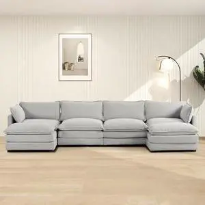 ROWHY 148'' Sectional Cloud Couch with 2 Ottomans, Oversized 4 Seat Sleeper Sofa with 2 Throw Pillows, Convertible Upholstered U Shaped Cozy Sofa Furniture Set for Living Room and Office, Light Grey ROWHY 148'' Sectional Cloud Couch with 2 Ottomans, Oversized 4 Seat Sleeper Sofa with 2 Throw Pillows, Convertible Upholstered U Shaped Cozy Sofa Furniture Set for Living Room and Office, Light Grey
