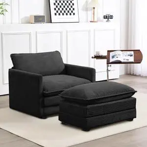 ROWHY Single Armchair with Ottoman, Modern Corduroy Cloud Couch with Convertible Chaise, Upholstered Sofa Set for Living Room, Black ROWHY Single Armchair with Ottoman, Modern Corduroy Cloud Couch with Convertible Chaise, Upholstered Sofa Set for Living Room, Black