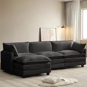 ROWHY 112'' Sectional Cloud Couch with Movable Ottoman, 4 Seat Modern Chenille Modular Sofa with 2 Throw Pillows, Deep Seat L Shaped Couch for Living Room Bedroom Apartment, Dark Grey | Sturdy Frame, ROWHY 112'' Sectional Cloud Couch with Movable Ottoman, 4 Seat Modern Chenille Modular Sofa with 2 Throw Pillows, Deep Seat L Shaped Couch for Living Room Bedroom Apartment, Dark Grey | Sturdy Frame,