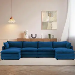 148'' Sectional Modular Cloud Couch, Oversized U Shaped 4 Seat Sofa with 2 Movable Ottomans, 2 Throw Pillows, Upholstered Corduroy U Shape Comfy Deep Couches for Living Room and Office, Blue 148'' Sectional Modular Cloud Couch, Oversized U Shaped 4 Seat Sofa with 2 Movable Ottomans, 2 Throw Pillows, Upholstered Corduroy U Shape Comfy Deep Couches for Living Room and Office, Blue