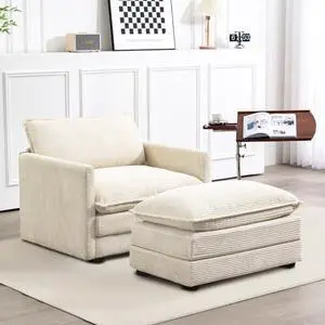 ROWHY Single Armchair with Ottoman, Modern Corduroy Cloud Couch with Convertible Chaise, Upholstered Sofa Set for Living Room, Beige ROWHY Single Armchair with Ottoman, Modern Corduroy Cloud Couch with Convertible Chaise, Upholstered Sofa Set for Living Room, Beige