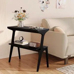 Solid Wood End Table, 2-Tier Side Table with Storage Shelf, Wooden Modern Accent Slim Bedside Table for Sofa, Living Room, Bedroom, Small Space, Easy Assembly, Black Solid Wood End Table, 2-Tier Side Table with Storage Shelf, Wooden Modern Accent Slim Bedside Table for Sofa, Living Room, Bedroom, Small Space, Easy Assembly, Black